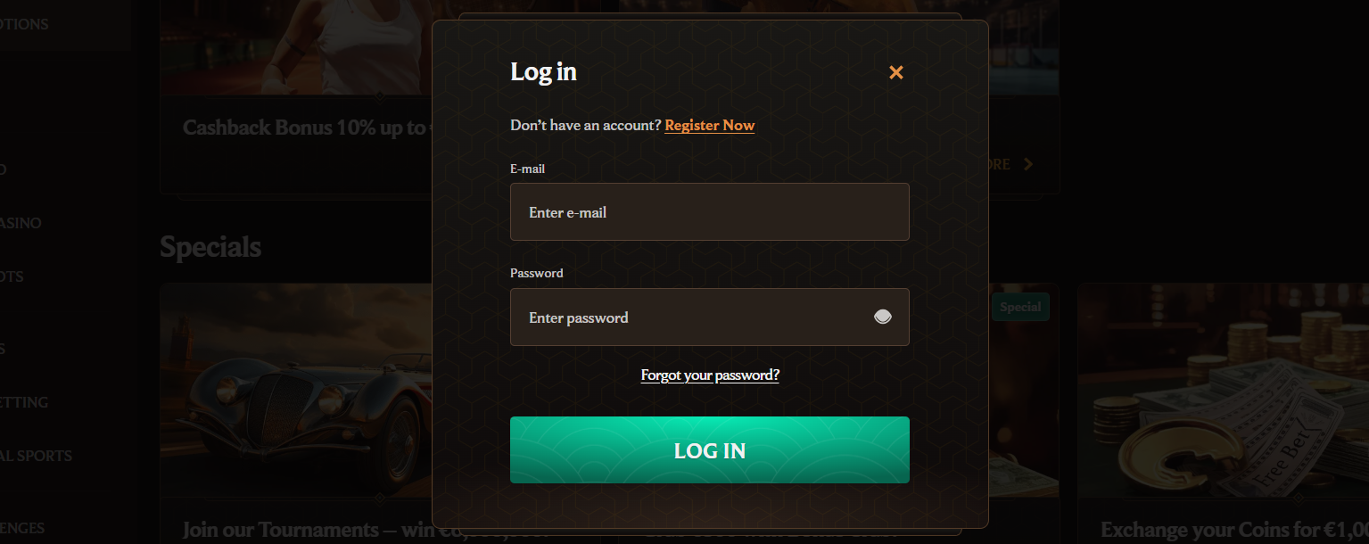 Secure casino login popup with email and password fields, “forgot password” option, and quick registration link for new players.