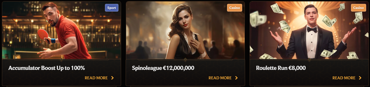 Casino and sports promotions featuring an accumulator boost up to 100%, Spinoleague €12,000,000 tournament, and Roulette Run €8,000 event with real money rewards.