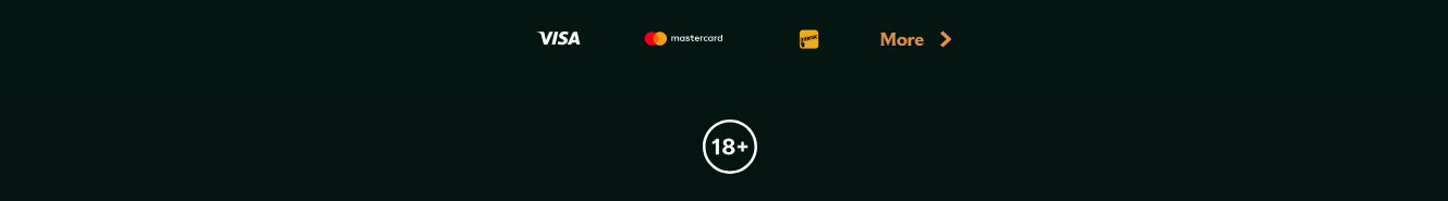 Casino footer with Visa, Mastercard, and Jeton payment options, a “More” link, and an 18+ age restriction badge on a dark green background.