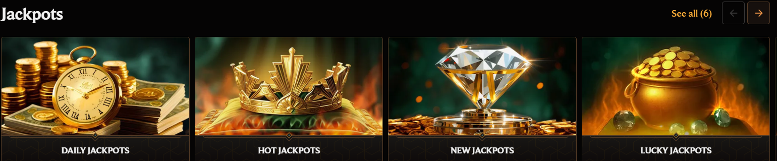 Online casino jackpots section featuring daily jackpots, hot jackpots, new jackpots, and lucky jackpots with big win opportunities for real money players.